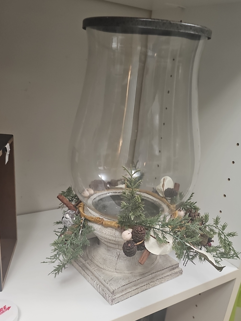 Huge Rustic Glass Hurricane Lantern with Pine & Pinecone Wreath 14"H 11 W New